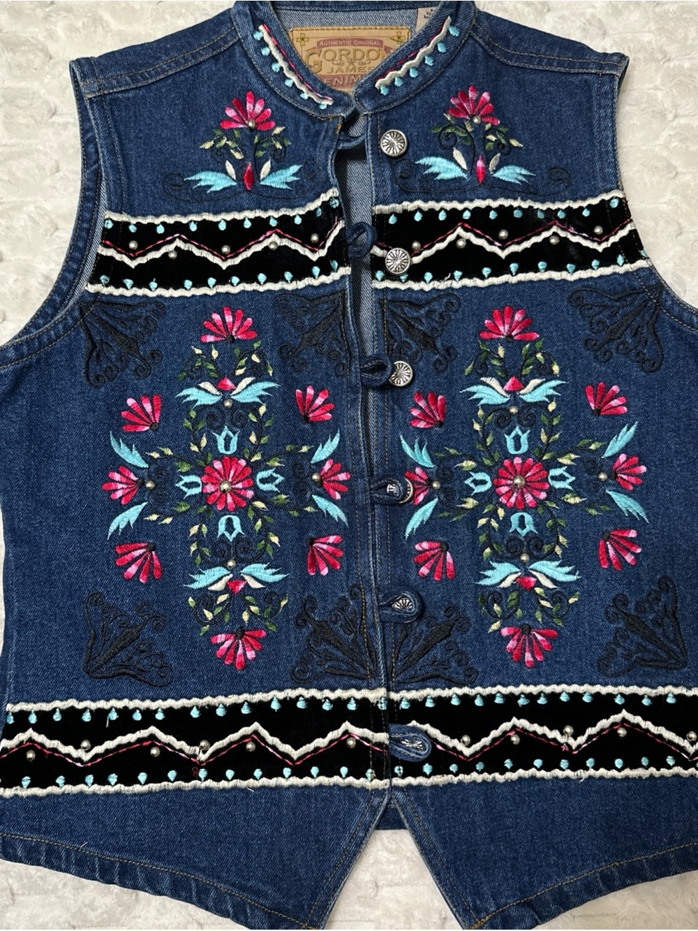 Gordon James vintage size medium Embroidered Denim Vest - Blue with Pink Floral